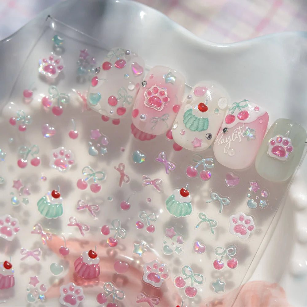 Lovely Green Pink Cherry Pudding Claw Paw Love Heart Bowknot Soft Embossed Reliefs Adhesive Nail Art Stickers Manicure Decals (ONLINE ORDER ONLY)