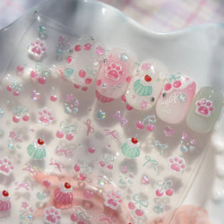 Lovely Green Pink Cherry Pudding Claw Paw Love Heart Bowknot Soft Embossed Reliefs Adhesive Nail Art Stickers Manicure Decals (ONLINE ORDER ONLY)