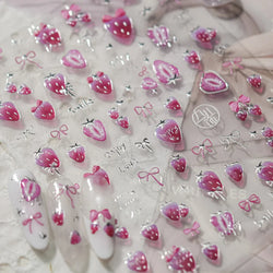 Cute Pink Tempting Strawberries Attractive Fruit Cutting Line Bowknot Star Silver Stamping Chic Nail Art Stickers Manicure Decal (ONLINE ORDER ONLY)