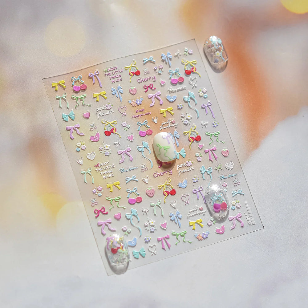 Doodle Pink Blue Ribbon Bowknot Flower Cherry Strawberry Graffiti Love Heart Delicate Embossed Nail Art Sticker Manicure Decals (ONLINE ORDER ONLY)