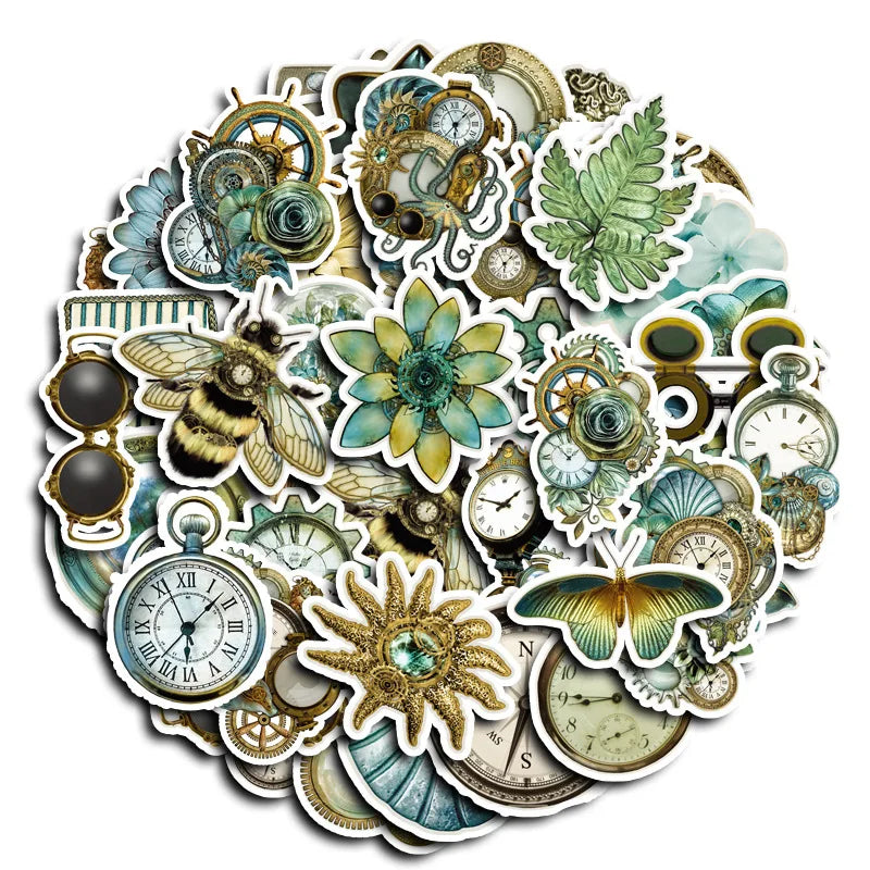 Green Retro Butterfly Bee Clock Stickers for Phone Laptop Luggage Skateboard Decals 10/30/50PCS (ONLINE ORDER ONLY)