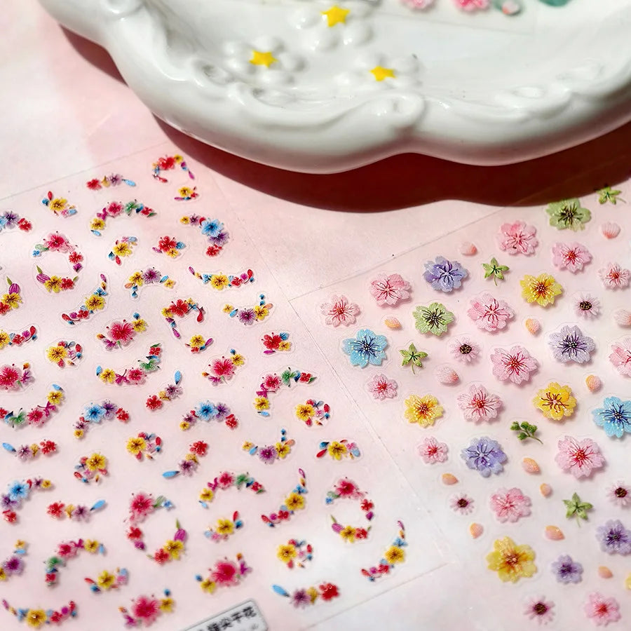 Colorful Dried Flowers Wreath Floral Plant Petal Bud Garden Charming 5D Reliefs Self Adhesive Nail Art Stickers Manicure Decals (Online Order Only)