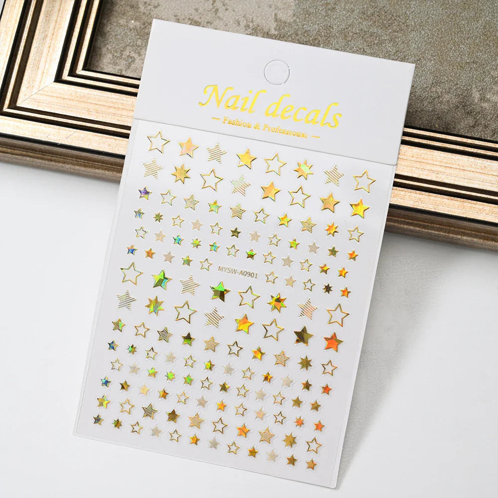 1 Sheet Star Nail Art Stickers 3d Self Adhesive Nail Decals Black White Golden Silver Color Star Design Nail Supplies Accessory (ONLINE ORDER ONLY)