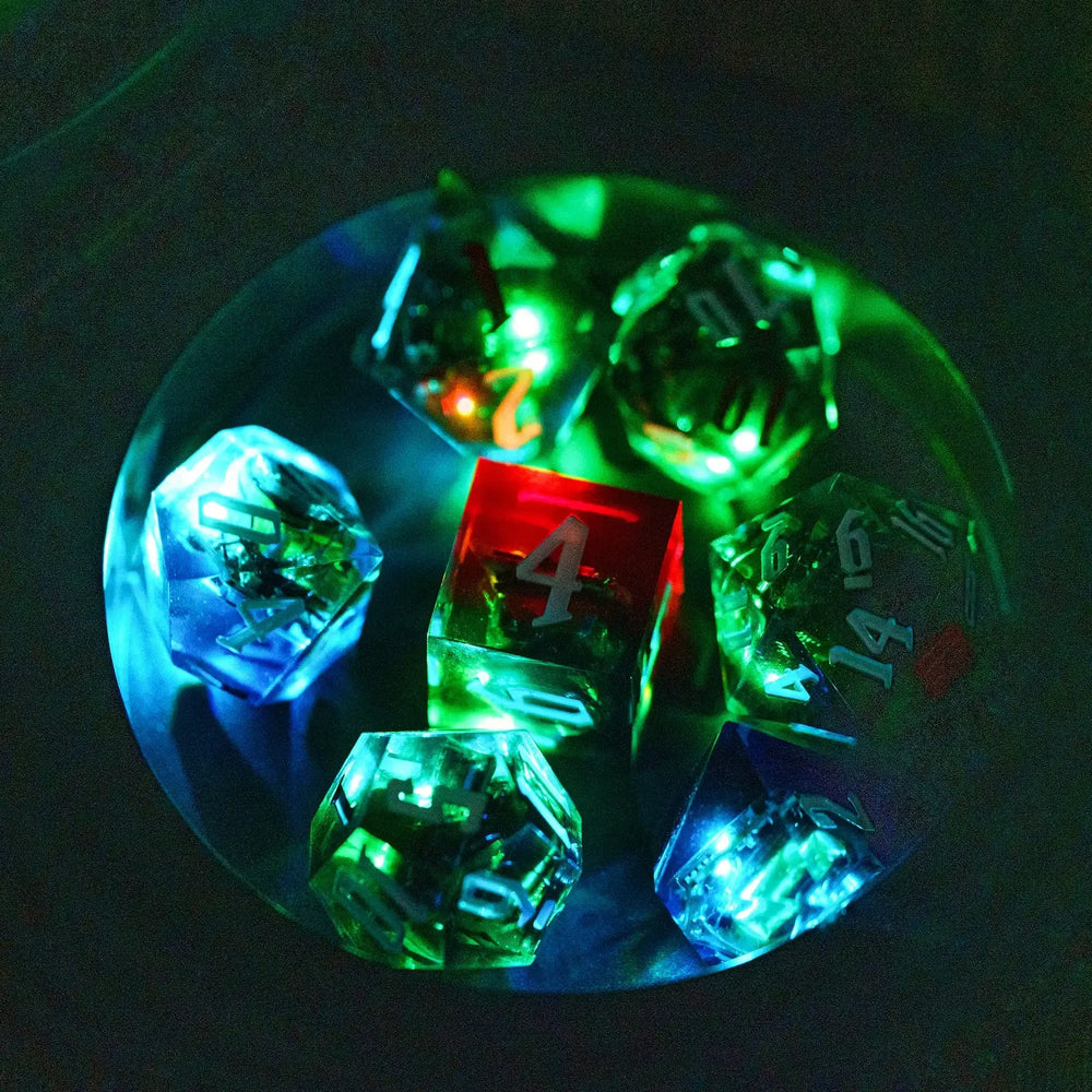 Glowing Rechargable LED Light Up 7 Piece Dice Set With Charging Case (Online Order Only)