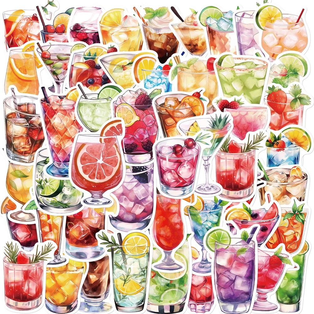 50pcs Watercolor Cocktail Stickers For Suitcase Stationery Phone Laptop Ipad DIY Sticker Scrapbooking Material Craft Supplies (ONLINE ORDER ONLY)