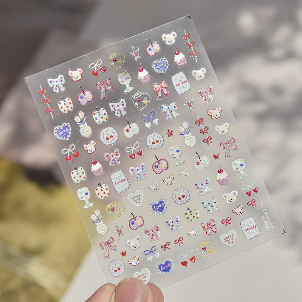 Cute Lucky Bear Apple Core Star Bowknot Flower Delicious Cookies Cherry Cake Dessert Milk Vase Adhesive Nail Art Stickers Decals (ONLINE ORDER ONLY)
