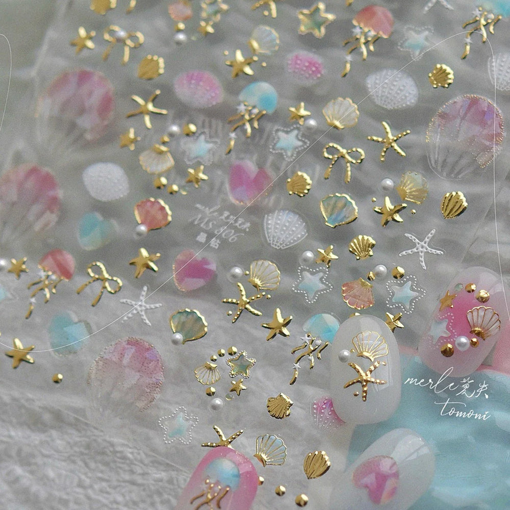 Halo Dyeing Ocean Shell Conch Starfish Pearl Love Heart Bowknot Jellyfish Adhesive Nail Art Stickers Manicure Decals Wholesale (ONLINE ORDER ONLY)