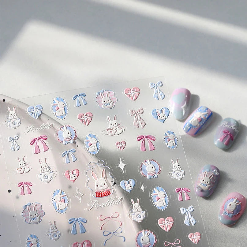 Cute Rabbit Fan Peach Blossom Teacup Lollipop Strawberry Star Cherry Hat Soft Embossed Adhesive Nail Art Stickers Manicure Decal (ONLINE ORDER ONLY)