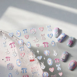 Cute Rabbit Fan Peach Blossom Teacup Lollipop Strawberry Star Cherry Hat Soft Embossed Adhesive Nail Art Stickers Manicure Decal (ONLINE ORDER ONLY)