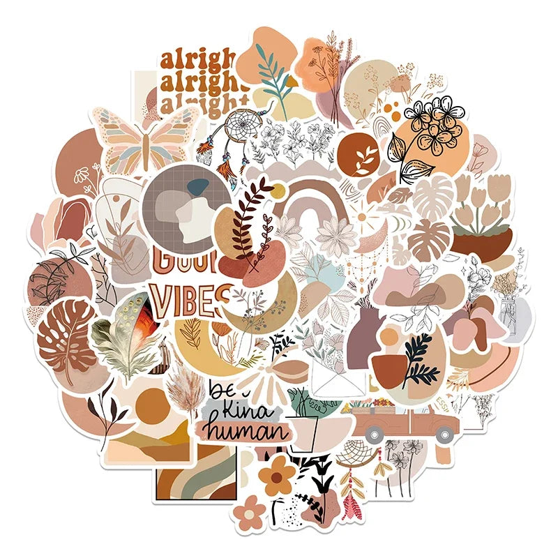 10/30/50PCS Kawaii Bohemian Flower Sticker Aesthetic PVC Decoration Scrapbooking Children's Stationery School Supplies for Kids (ONLINE ORDER ONLY)