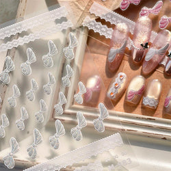 Pink White Bowknot Jelly Knot Lace Delicate Decorative Border Shiny 5D Self Adhesive Nail Art Stickers Manicure Decals Wholesale (Online Order Only)
