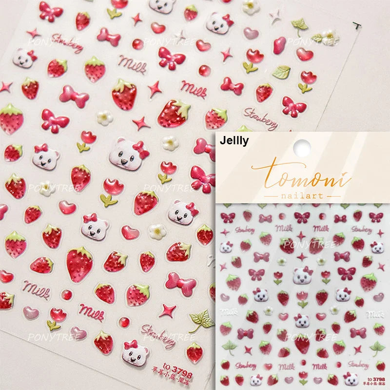 Pink Juicy Strawberry Fruit Cutting Line Ribbon Bowknot Star Happy Sweet Lovely Fruits Delicate Nail Art Stickers Manicure Decal (ONLINE ORDER ONLY)