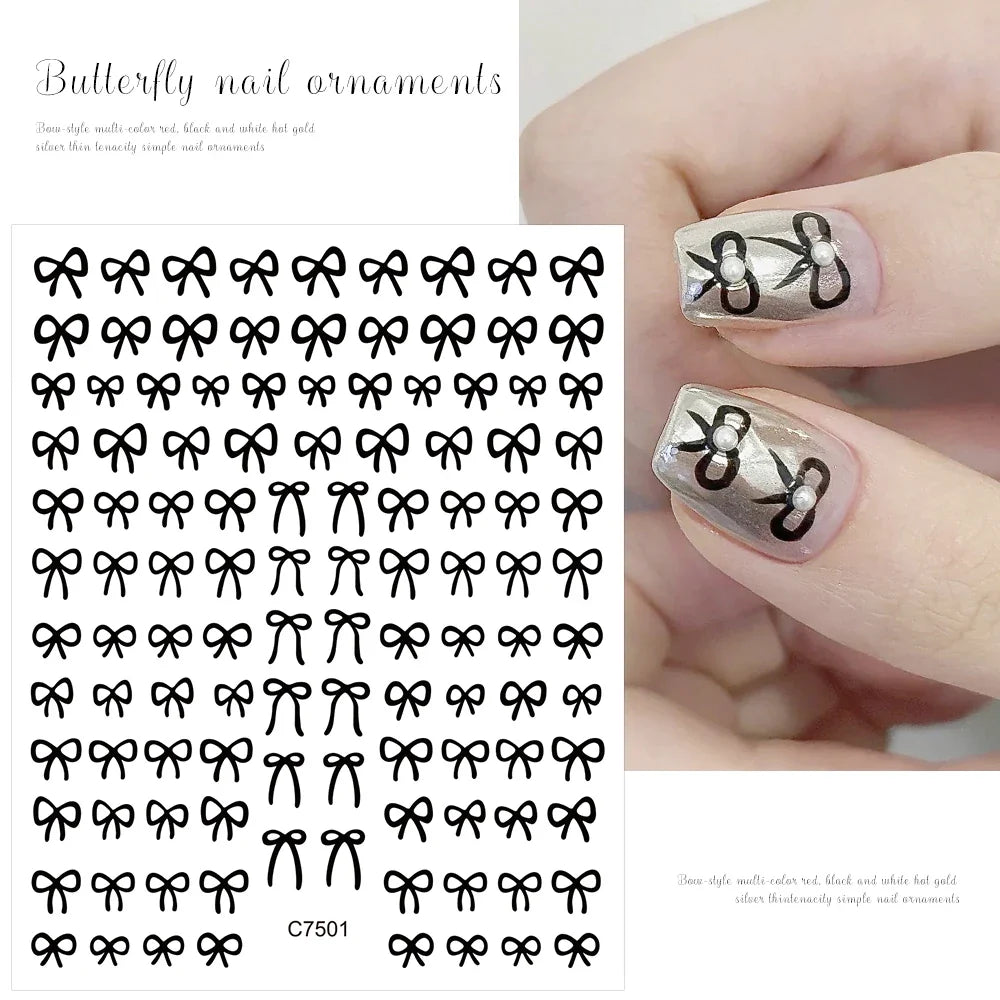 6pcs/Set Lovely Line Bowknot Nail Sticker Gold Silver Black White Pink Red Bow Tie Mini Bowknot 3D Self Adhesive Manicure Decals (ONLINE ORDER ONLY)