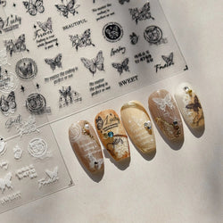 Flower Bowknot Butterfly Plant Leaf English Letter Rose Hand Drawn Embossed Relief Self Adhesive Nail Art Sticker Manicure Decal (ONLINE ORDER ONLY)