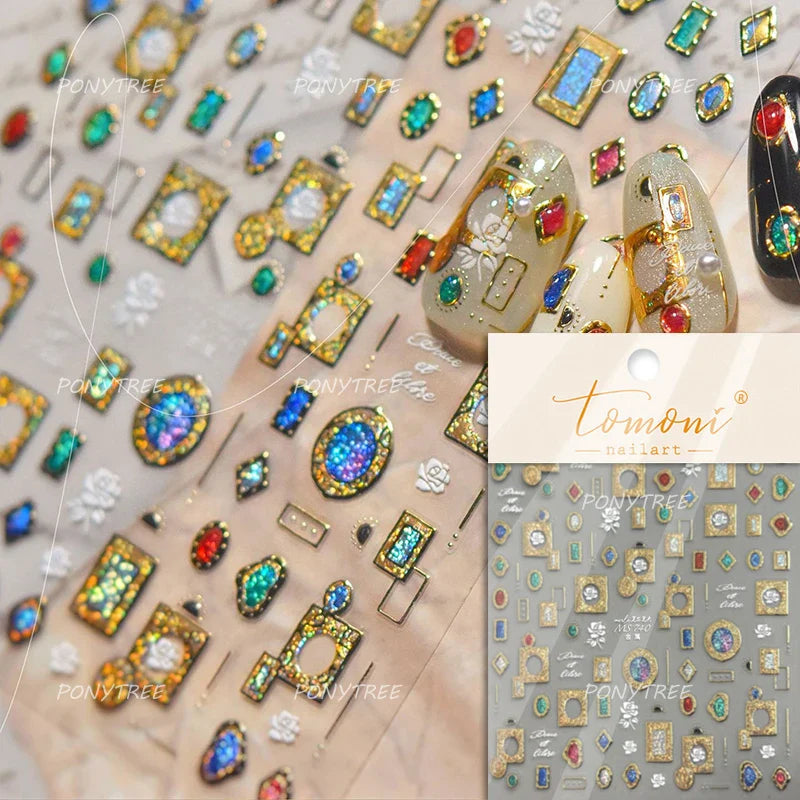 Retro Glass Geometry Glaze Rectangle Round Rose Camellia Adhesive Nail Art Stickers Frame Gemstone Charm Noble Manicure Decals (ONLINE ORDER ONLY)