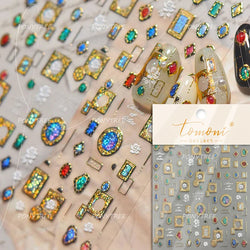 Retro Glass Geometry Glaze Rectangle Round Rose Camellia Adhesive Nail Art Stickers Frame Gemstone Charm Noble Manicure Decals (ONLINE ORDER ONLY)