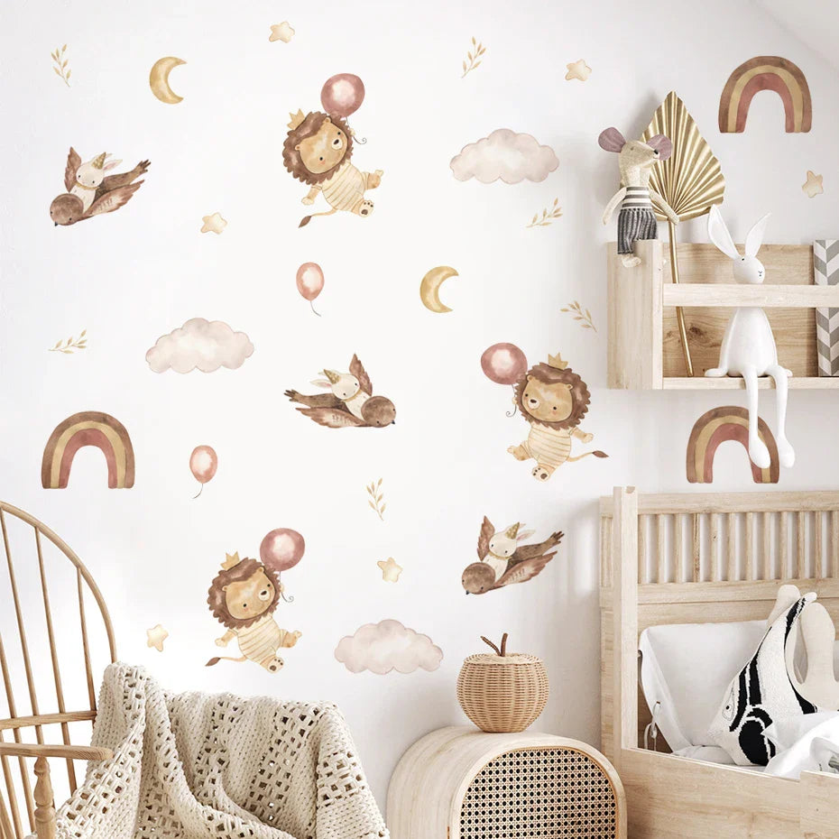 Boho Cute Lion Bear Rainbow Stars Nursery Wall Decals Kids Room Decor (Online Order Only)