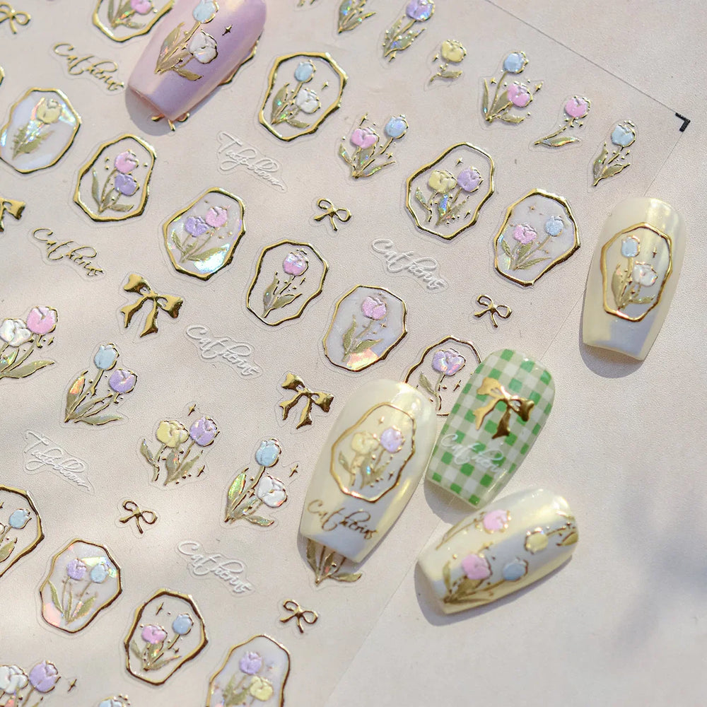 Golden Border Tulip Bloom Flower Bowknot Geometric Frame Metal Workmanship Charming Adhesive Nail Art Sticker Manicure Decals (ONLINE ORDER ONLY)
