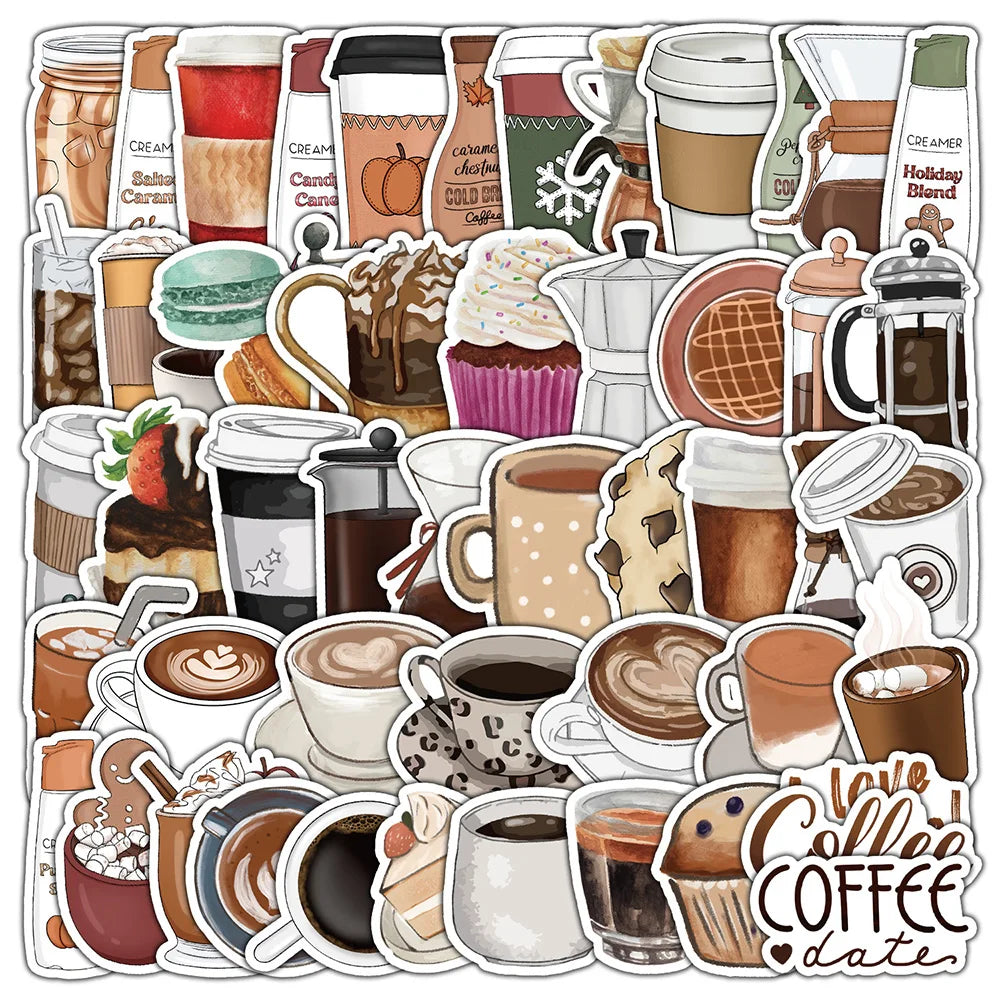 Coffee Dessert Cartoon Stickers for Phone Laptop Luggage Skateboard Kids (Online Order Only)