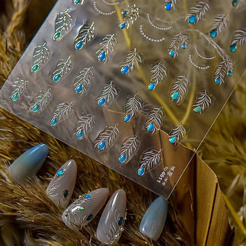 Charming Blue Sparrow Feather Rhinestone Wings Peacock Sparrow Dreamy Jelly Stars Self Adhesive Nail Art Stickers Manicure Decal (ONLINE ORDER ONLY)