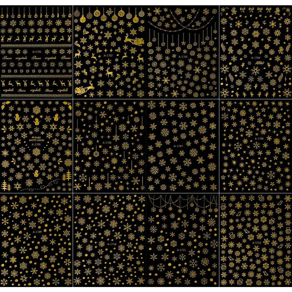 3D Gold Glitter Snowflake Nail Sticker Winter Reflective Elk Star Balloon Christmas Tree Foil Xmas New Year Decal Tips Decoratio (ONLINE ORDER ONLY)
