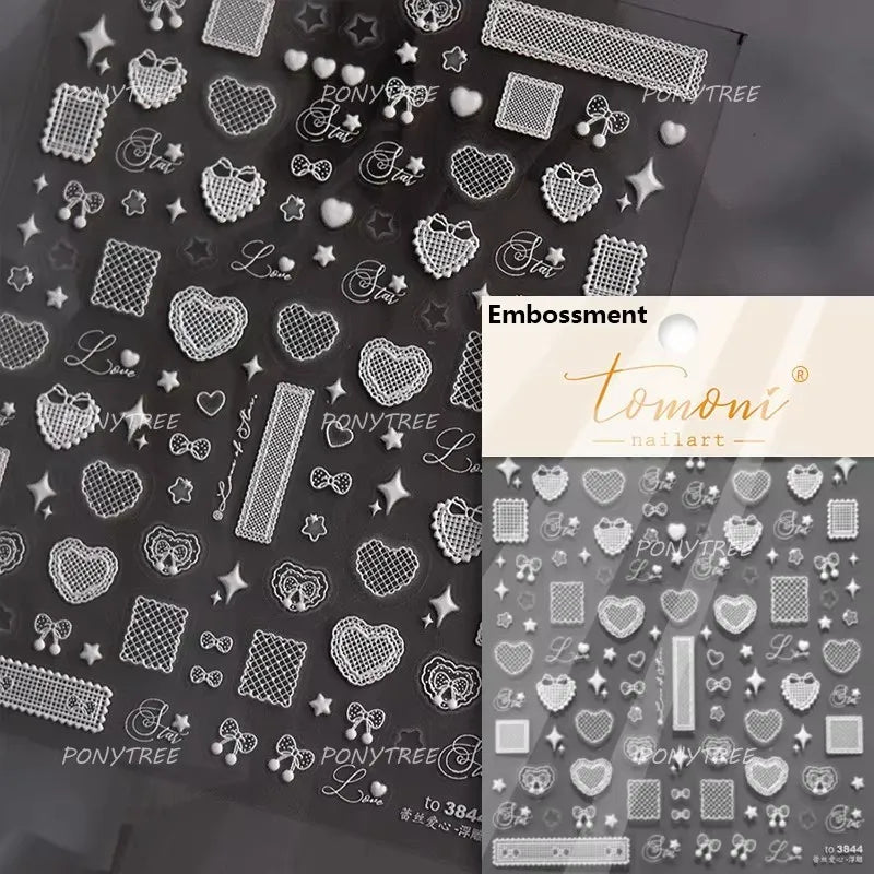 French Romantic Lace Flower Fabric Art Pearl Pendant Portrait Bowknot Textile Printing Delicate Nail Art Stickers Manicure Decal (ONLINE ORDER ONLY)