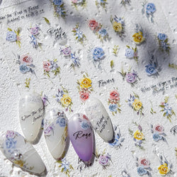 Watercolor Style Rose Flower Colored Rosa Chinensis 3D 5D Flat Reliefs Charming Self Adhesive Nail Art Stickers Manicure Decals (ONLINE ORDER ONLY)