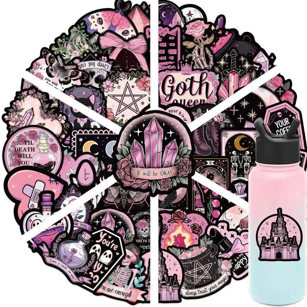 50pcs Cool Dark Pink Gothic Skull Graffiti Stickers DIY Scrapbook Luggage Waterproof PVC StickerTarot Goth Decals (Online Order Only)