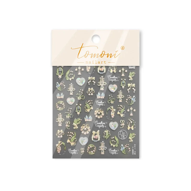 Spring Pink Lily of The Valley Flowers Blooming Blue Bowknot Heart 5D Soft Relief Self Adhesive Nail Art Sticker Manicure Decals (Online Order Only)