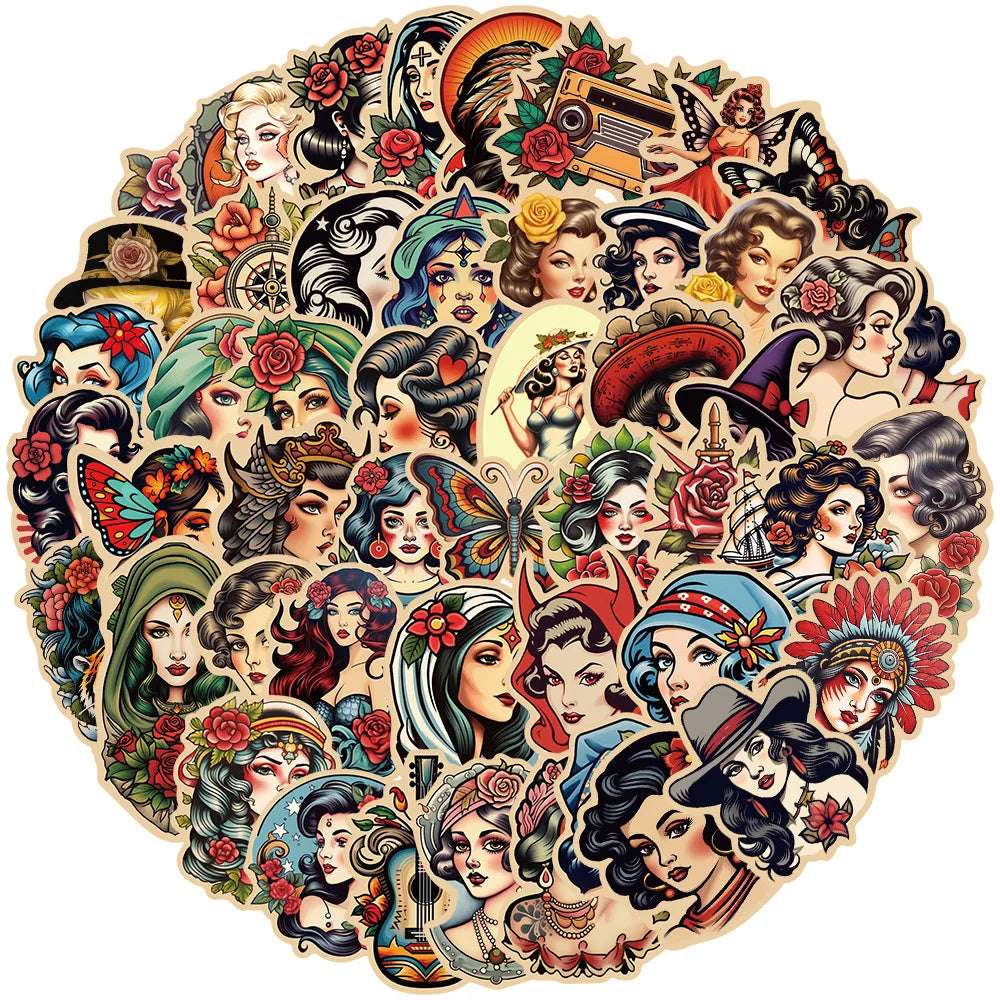 Retro Girl Graffiti Stickers for Suitcase, Skateboard, Laptop, Luggage, Phone, Car - 10/30/50Pcs DIY Decals (ONLINE ORDER ONLY)