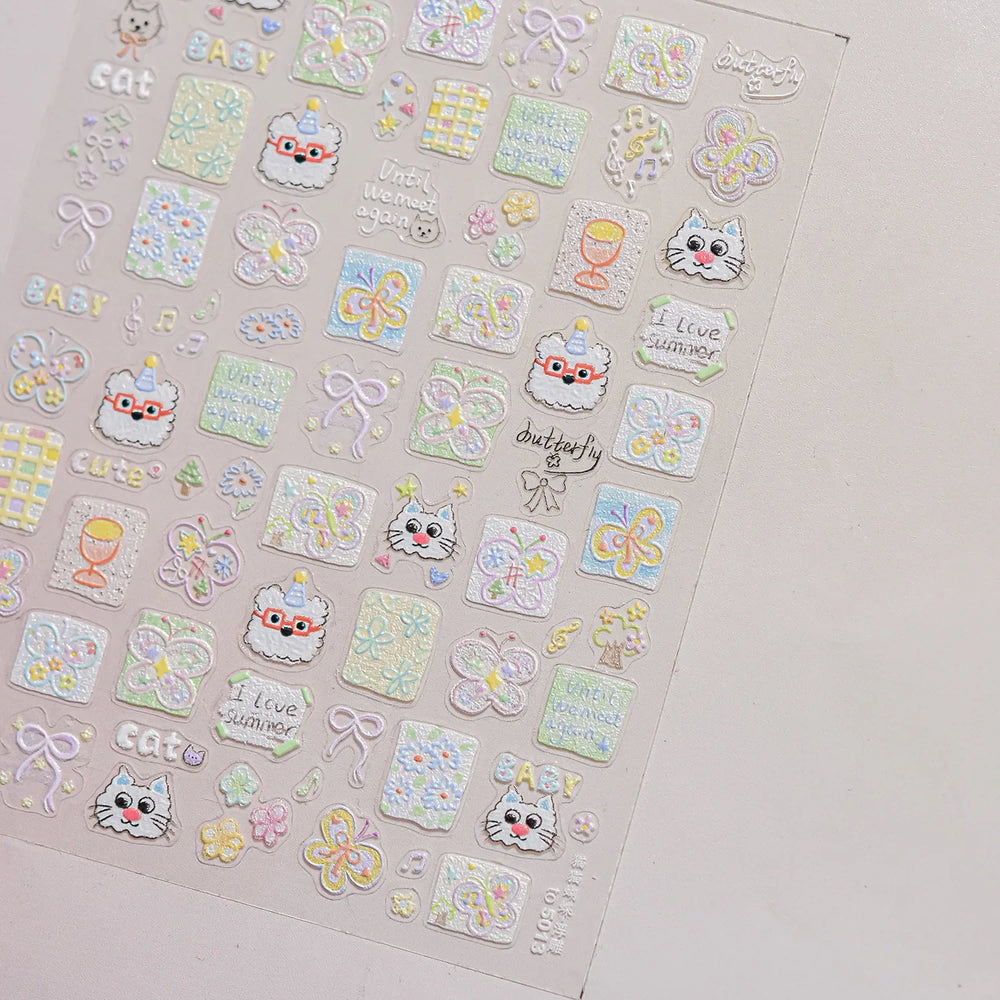 Small Animals Meeting Dog Cat Kitten Bowknot Cherry Butterfly Wreath Paw Star Hat Self Adhesive Nail Art Stickers Manicure Decal (ONLINE ORDER ONLY)