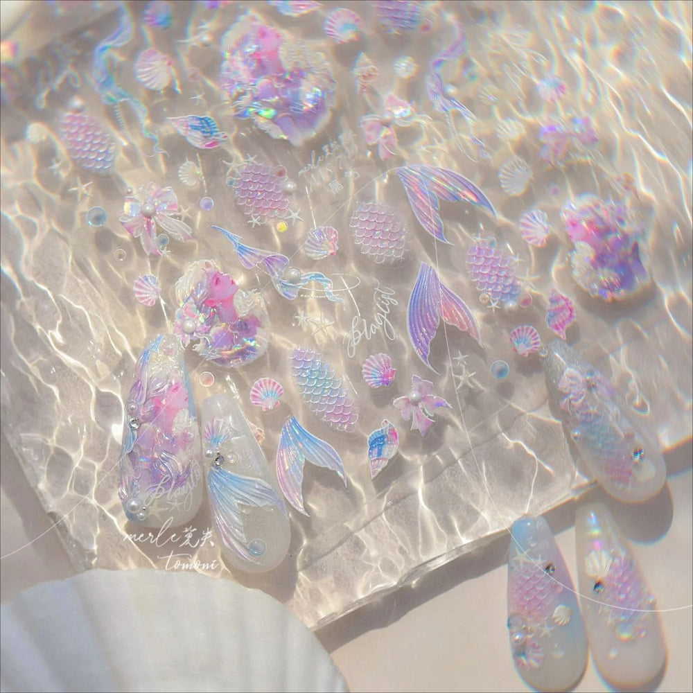 Mermaid Girl Conch Starfish Shell Bowknot Fish Scale Purple Ribbon Water Bubbles Chic Adhesive Nail Art Sticker Manicure Decals (ONLINE ORDER ONLY)