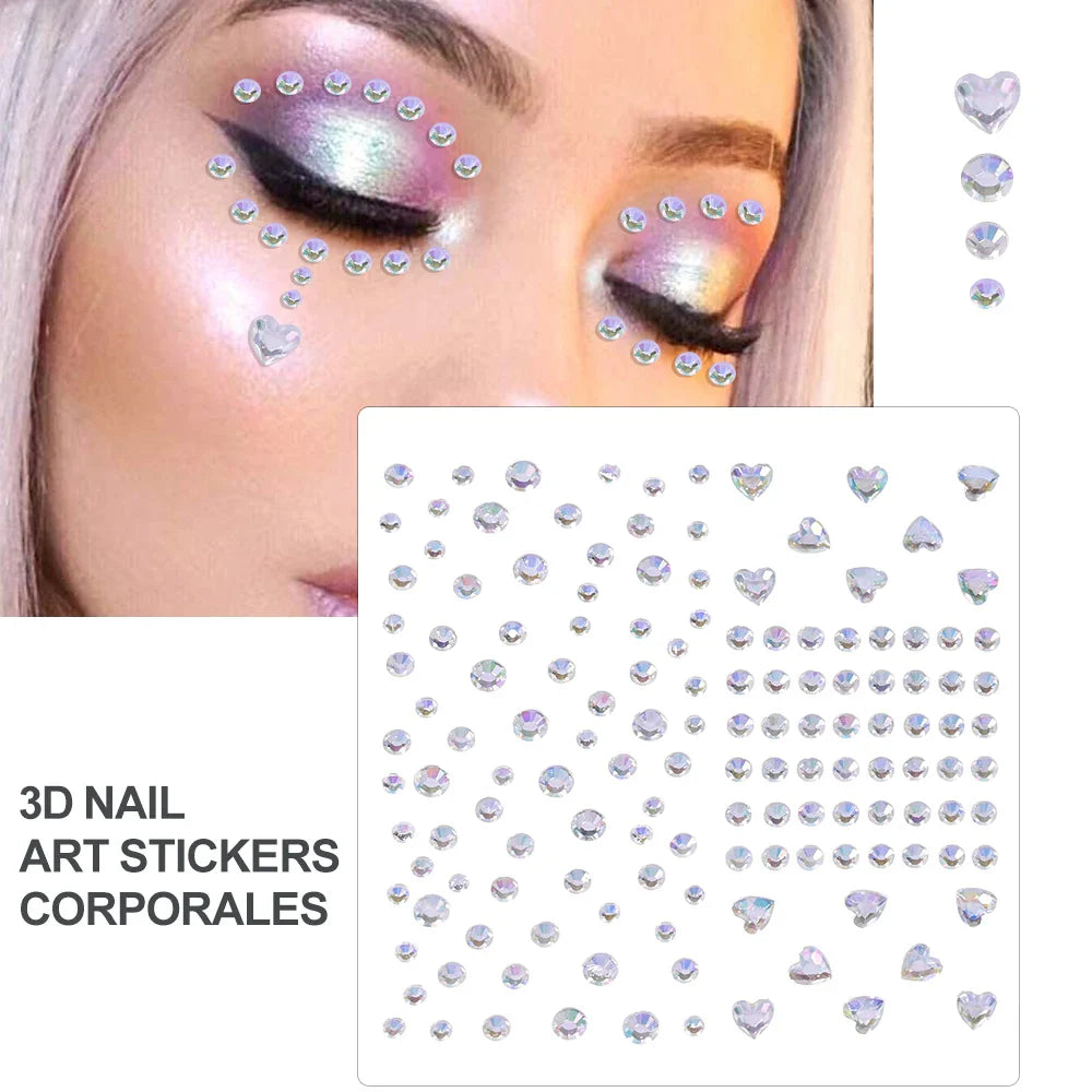 5Pcs Coloful Glitter Face Jewelry Sticker Crystal Eye Body Face Jewels Bady Makeup Tools Temporary Self-Adhesive Nail Rhinestone (ONLINE ORDER ONLY)