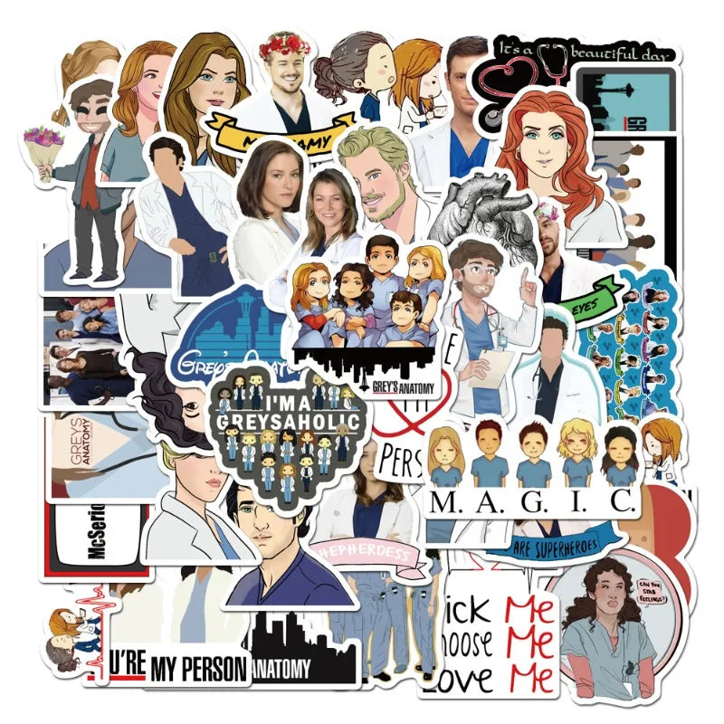 50pcs Grey's Anatomy Cartoon Stickers for Laptop, Phone, Car, Water Bottle, Suitcase, Refrigerator (Online Order Only)