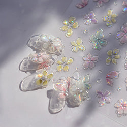 Gradient Coloredful Flower Petal Green Leaf Dreamy Shiny Chinese Rose Fantasy Relief Adhesive Nail Art Stickers Manicure Decals (Online Order Only)