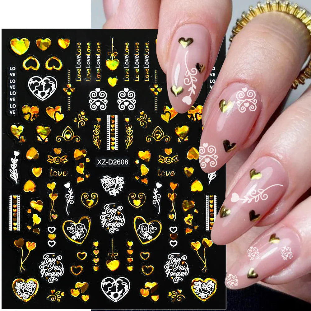 1PC Holographic Laser Heart Nail Stickers-3D Self-Adhesive Golden White Valentines Day Nail Decals For Women Nail Art Decoration (ONLINE ORDER ONLY)