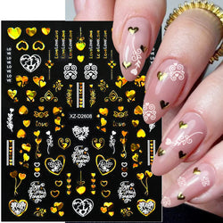 1PC Holographic Laser Heart Nail Stickers-3D Self-Adhesive Golden White Valentines Day Nail Decals For Women Nail Art Decoration (ONLINE ORDER ONLY)