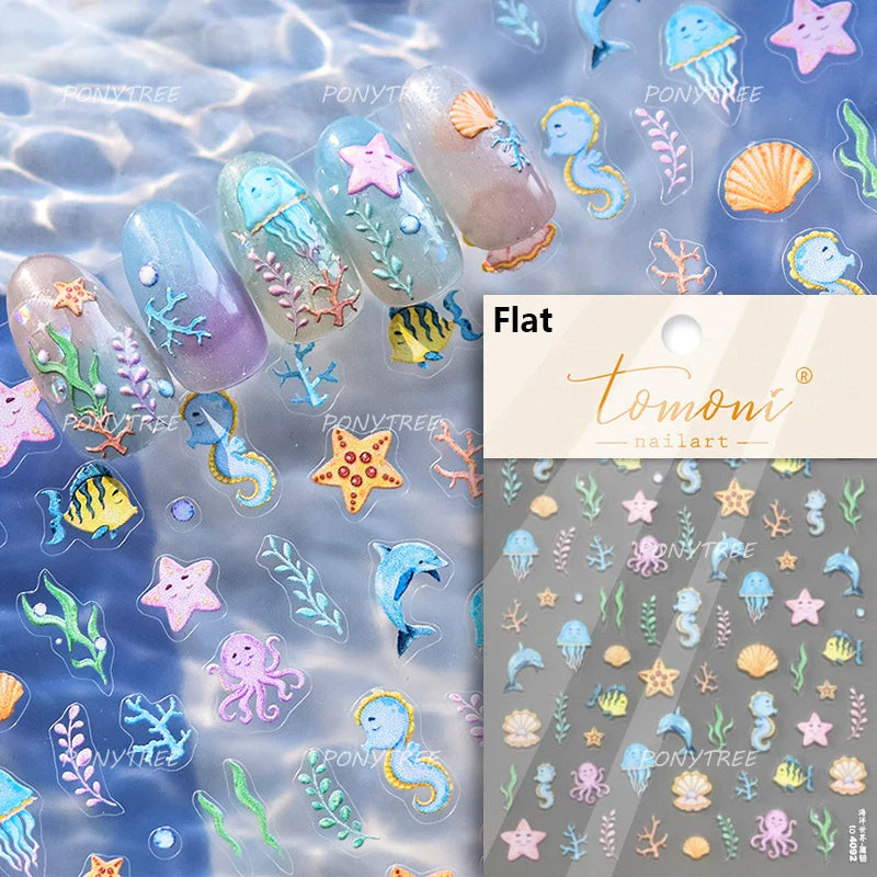 Jellyfish Schools of Fish Shoal Mermaid Tail Seahorse Dreamy Ocean Starfish Shell Coral Adhesive Nail Art Sticker Manicure Decal (ONLINE ORDER ONLY)