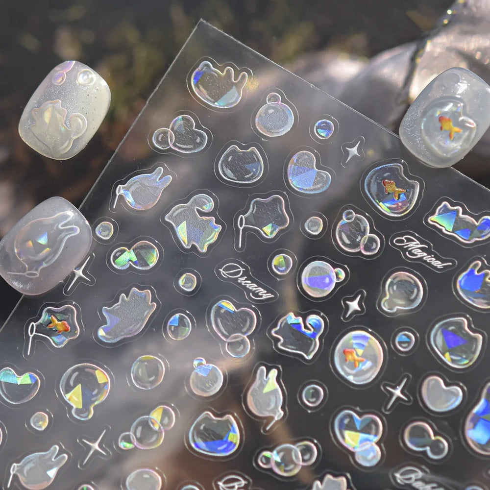 Blow Bubbles Goldfish Cat Kitten Water Love Heart Star Rabbit Bunny Self Adhesive Nail Art Decorations Stickers Manicure Decals (Online Order Only)