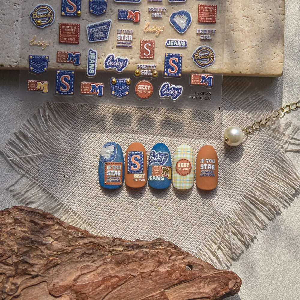 Round Jeans Square Sexy Blue Series Cowboy Lucky Beautiful Letter Self Adhesive Nail Art Sticker Pearl Rhinestone Manicure Decal (ONLINE ORDER ONLY)