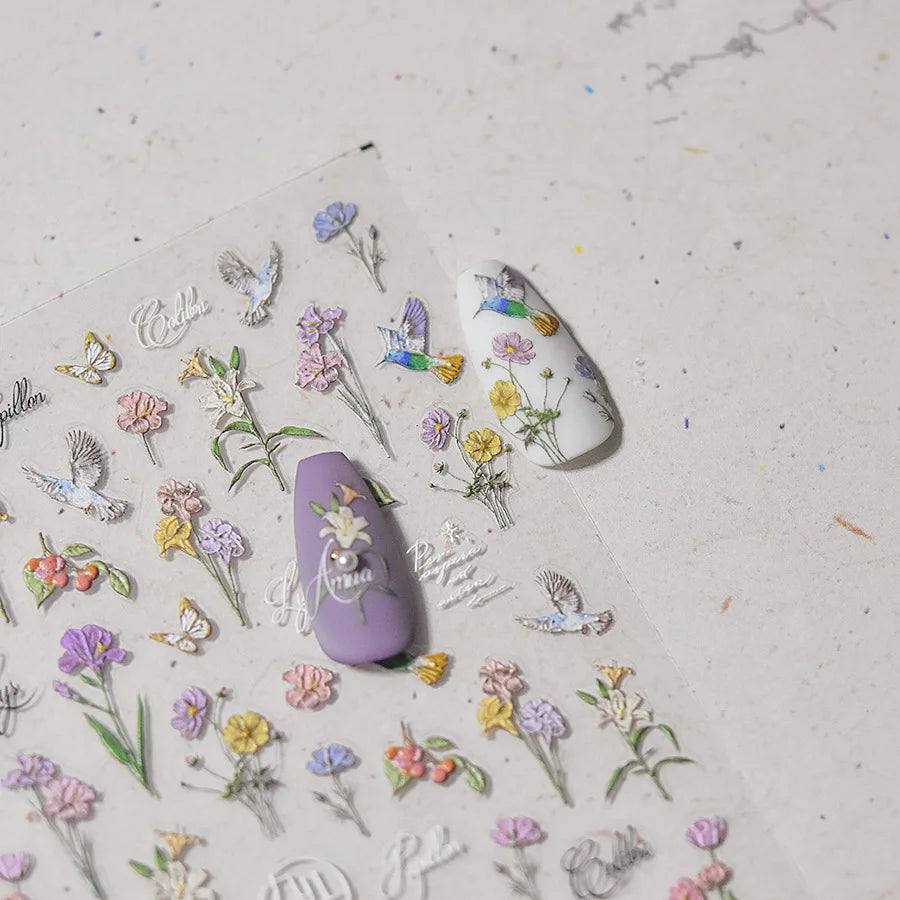 Hummingbird Iris Butterfly Peony Rose Tulip Daisy Lily Flowers Morning Glory Pearl Rhinestones Nail Art Sticker Decoration Decal (ONLINE ORDER ONLY)