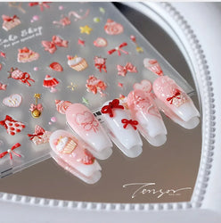 Chic Cute Cheese Ice Cream Pudding Bowknot Strawberry Muffin Stars Cake Embossed Heart Adhesive Nail Art Sticker Manicure Decals (ONLINE ORDER ONLY)