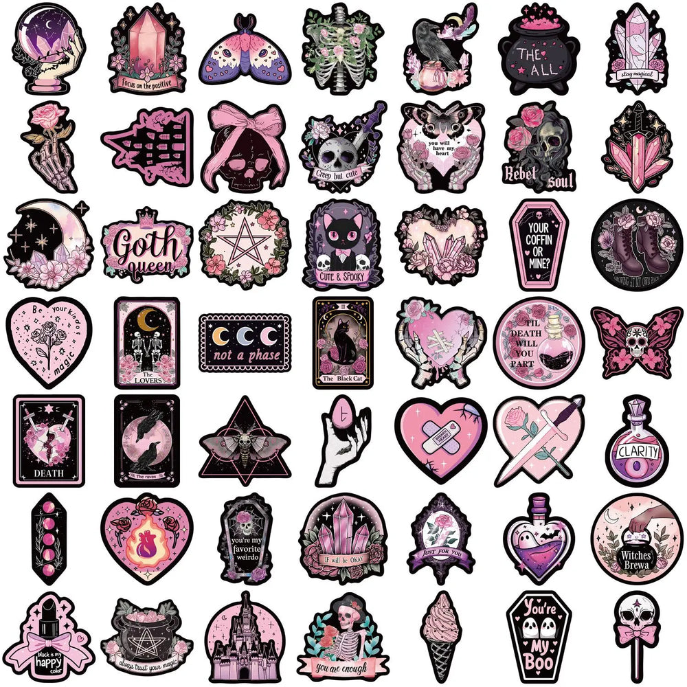 10/50pcs Cool Dark Pink Gothic Skull Graffiti Stickers Halloween Tarot Goth Decals DIY Scrapbook Luggage Waterproof PVC Sticker (ONLINE ORDER ONLY)