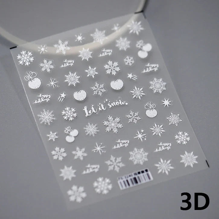 Hot Stamping Romantic White Gold Snowflakes Hexagon Winter 3D Self Adhesive Nail Art Stickers Shiny Rhinestone Manicure Decals (Online Order Only)