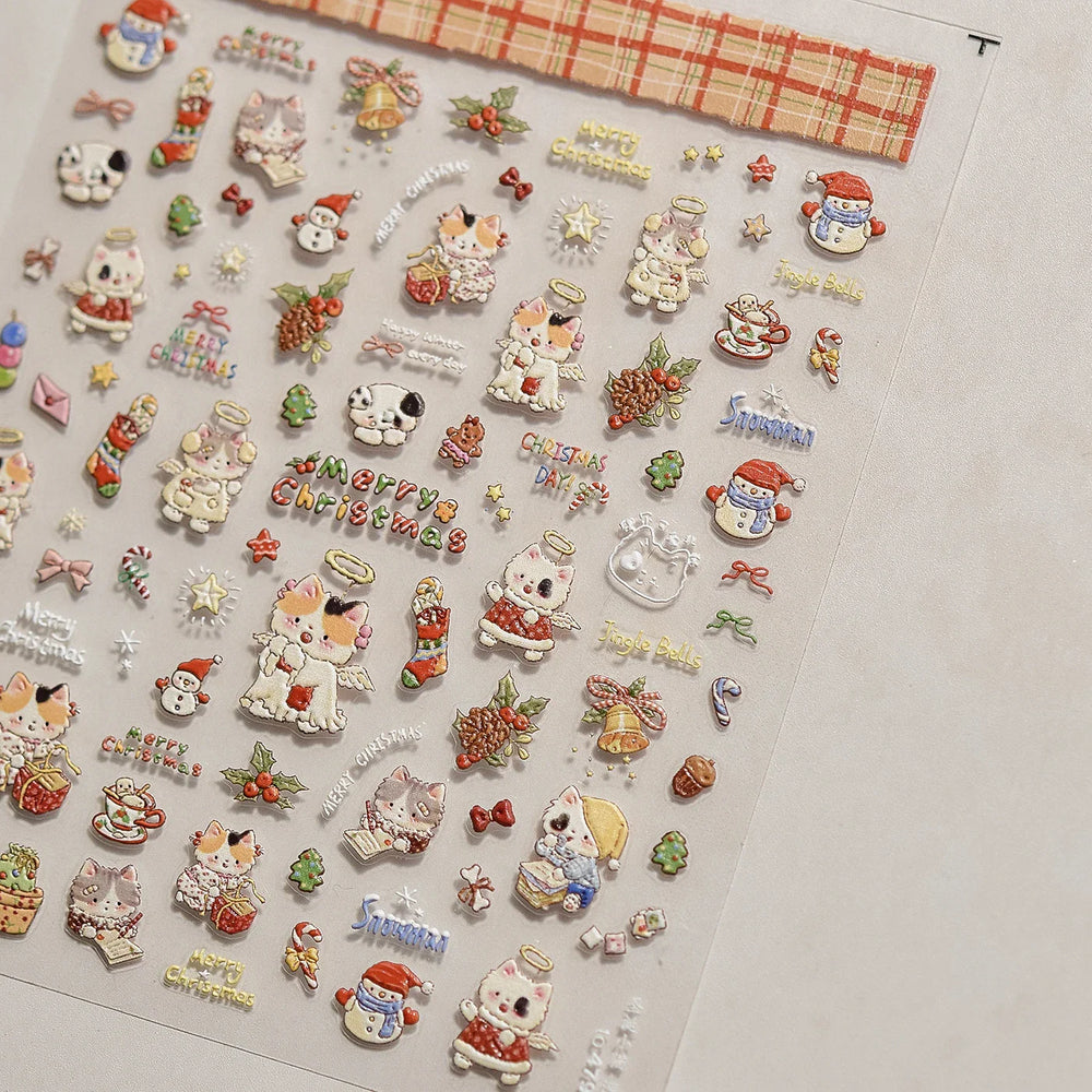 Cat Kitten Star Tree Bell Angel Bowknot Snowman Envelope Pinecone Bone Adhesive Nail Art Stickers Cup Rhinestone Manicure Decals (ONLINE ORDER ONLY)