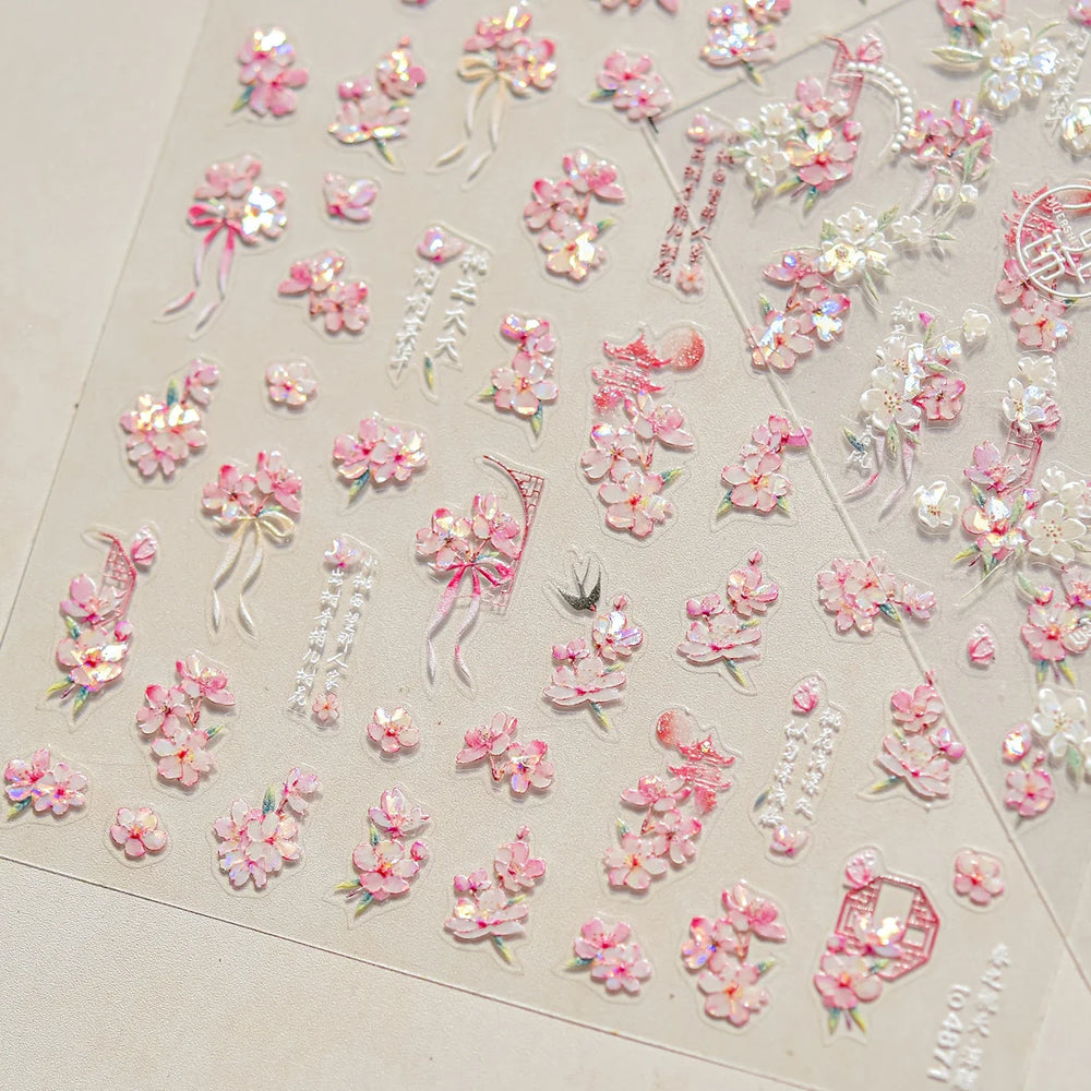 Antique Pear Blossom Peach Blossom Flower Swallow Pattern Adhesive Nail Art Stickers Spring Vibrant and Lively Manicure Decals (ONLINE ORDER ONLY)