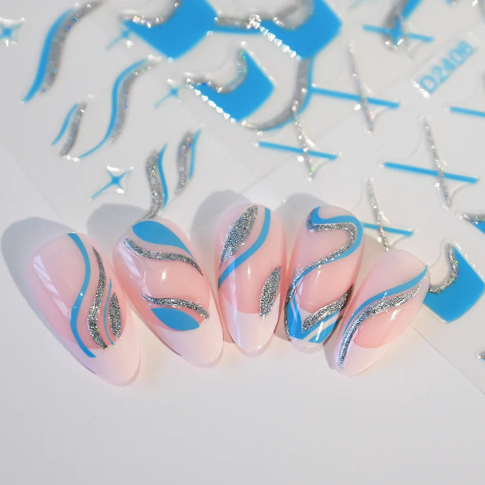6pcs/Set Blue Gold Glitter French Design 5D Nail Stickers Curve Lines Swirls Wave Nail Sliders Reflective Flakes Decals Manicure (ONLINE ORDER ONLY)