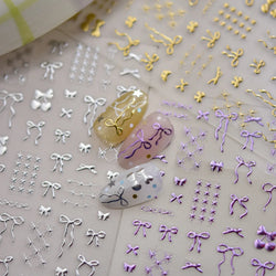Purple Gold Silver Bowknot Cherry Fruit Cute Ribbon Tie Line Delicate 3D Adhesive Nail Art Stickers Manicure Decals Wholesale (Online Order Only)