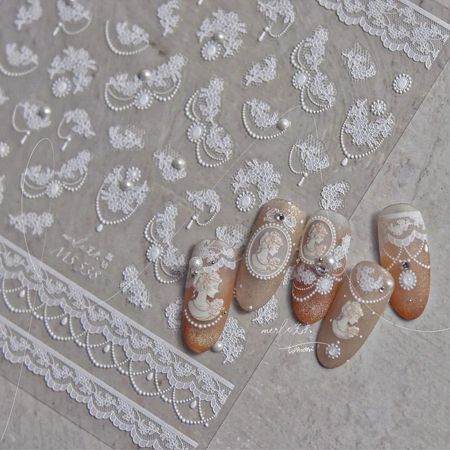 French Romantic Lace Flower Fabric Art Pearl Pendant Portrait Bowknot Textile Printing Delicate Nail Art Stickers Manicure Decal (ONLINE ORDER ONLY)
