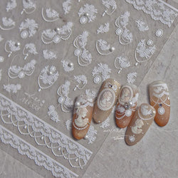 French Romantic Lace Flower Fabric Art Pearl Pendant Portrait Bowknot Textile Printing Delicate Nail Art Stickers Manicure Decal (ONLINE ORDER ONLY)